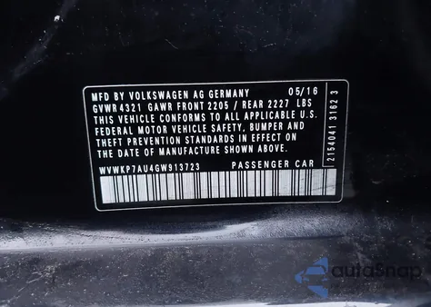 2016 Volkswagen E-Golf Se z USA, uszkodzony, nr VIN WVWKP7AU4GW913723